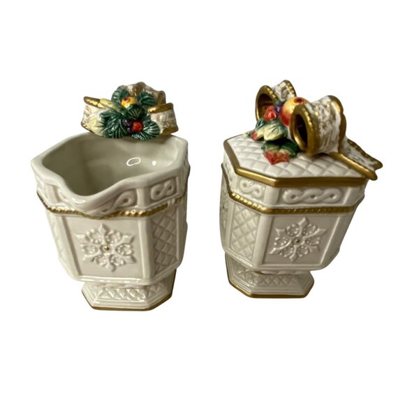 Fitz & Floyd Snowy Woods Vtg Ceramic Creamer & Sugar Set Gold Holiday Christmas - Picture 4 of 9